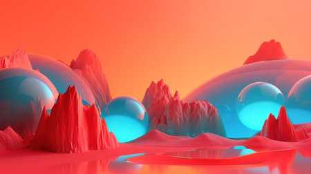 fantastic scenery with calm water, geometric glossy chrome shapes. Generative Aiの素材