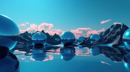 fantastic scenery with calm water, geometric glossy chrome shapes. Generative Aiの素材