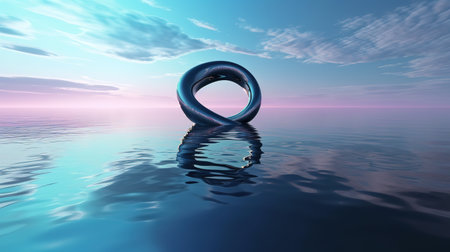 Calm water, black seashore, chrome moebius loop Bright color. Generative Aiの素材