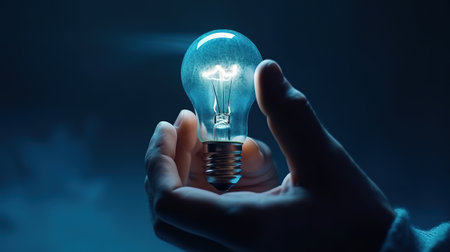Light bulb with light in hand on a blank blue banner background. Generative Aiの素材