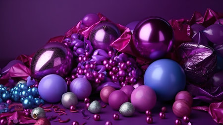 Party Background. Decor made of purple foil, tinsel and candy. Generative Aiの素材