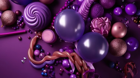 Party Background. Decor made of purple foil, tinsel and candy. Generative Aiの素材