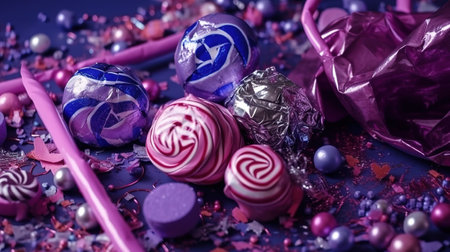 Party Background. Decor made of purple foil, tinsel and candy. Generative Aiの素材