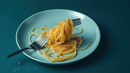 Spaghetti pasta with a fork on a white plate on a blue background. Generative Aiの素材