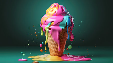 Melting ice cream cone, Bright color. Generative Aiの素材