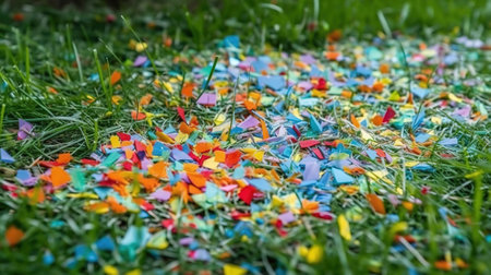 Plastic confetti on the grass. Environmental pollution. Generative Aiの素材