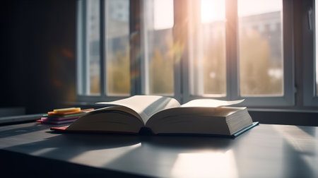 Book background. Blurred open book on a table in a university. Generative Aiの素材