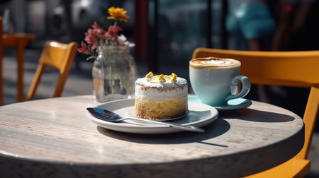 Coffee and cake on a cafe table outside. Generative Aiの素材