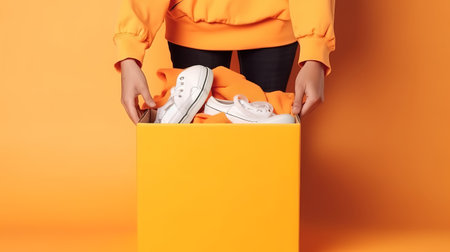 A man holding a donation box with clothes, shoes and hygiene products. Generative Aiの素材