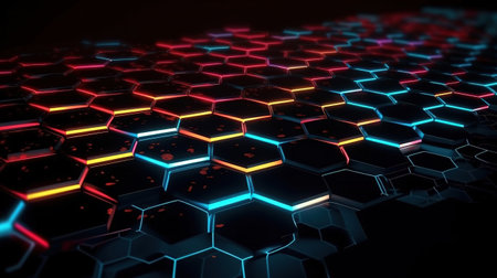Technology abstract geometry dark backdrop with honeycomb. Generative Aiの素材