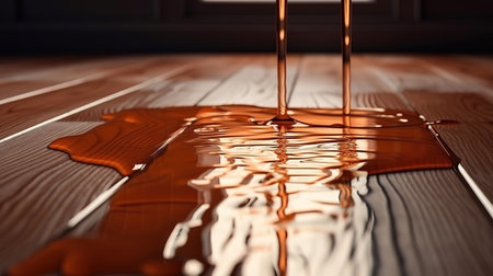 Wooden laminate and parquet board with spilled water. Generative Aiの素材