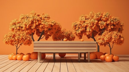 Wooden table and orange trees for product. Generative Aiの素材
