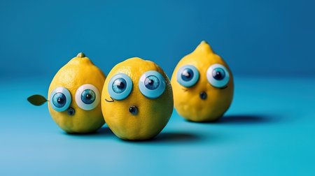 Funny lemons with eyes on a blue background. Generative Aiの素材