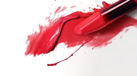 Red stroke brush lipstick or paint on white empty background. Generative Aiの素材