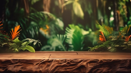 Rustic wooden table against the backdrop of tropical plants, palms. Generative Aiの素材