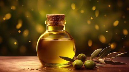 Olive oil with olive tree branch background. Generative Aiの素材