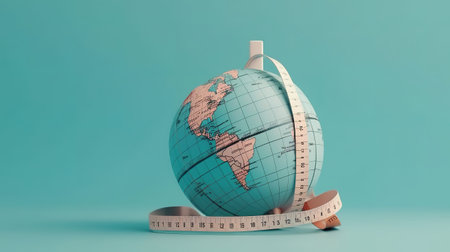Earth globe and measuring tape on a blue background. Generative Aiの素材