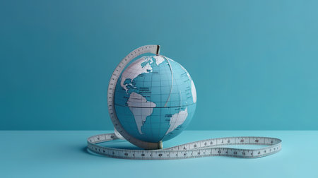 Earth globe and measuring tape on a blue background. Generative Aiの素材