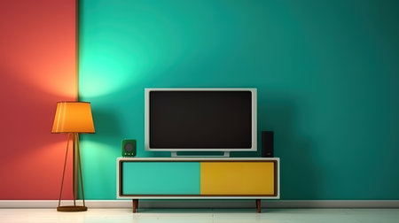 Empty room with green screen on television in living room. Generative Aiの素材