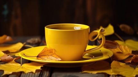 Mug on leaves near books and flowers. Generative Aiの素材