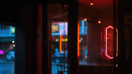 Neon sign open on the glass door of a shop or cafe. Generative Aiの素材