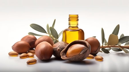 Argan seeds and oil isolated on a white banner background. Generative Aiの素材