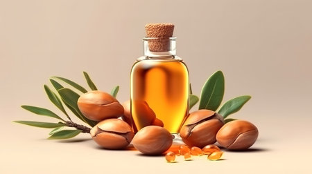 Argan seeds and oil isolated on a white banner background. Generative Aiの素材