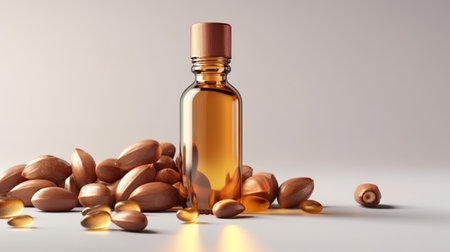 Argan seeds and oil isolated on a white banner background. Generative Aiの素材