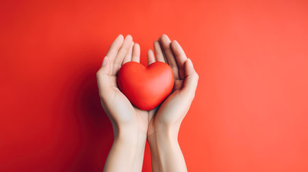 Heart in the hands of a female on a colored banner background. Generative Aiの素材