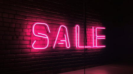 Sale background. Neon pink inscription SALE on a dark brick wall. Generative Aiの素材