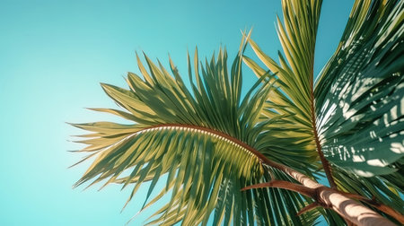 Tropical palm tree with green palm branches against a clear blue sky. Generative Aiの素材