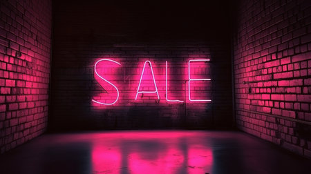 neon tag with discount on the background of a brick wall. Generative Aiの素材