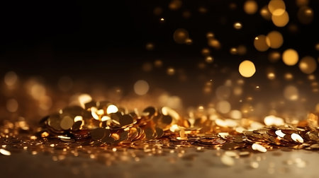 Golden bokeh background. Texture foil and confetti bokeh light of golden dust. Generative Aiの素材