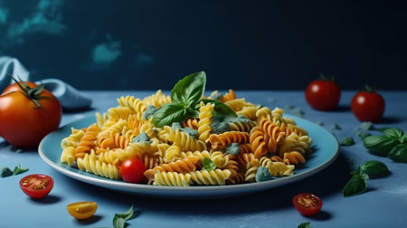 Food pasta on a blue background. Generative Aiの素材