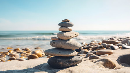 3d balancing pebbles on a wooden table looking out to the ocean. Generative Aiの素材