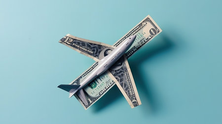 US dollar airplane on blue minimal background. Generative Aiの素材