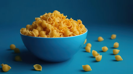 Pasta background. Mac and Cheese pasta on a blue background. Generative Aiの素材