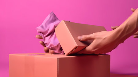 Hands delivering an order against a pink background. Generative Aiの素材