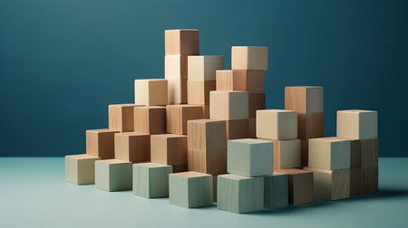 Wooden steps of blocks on a blue background as financial and career growth. Generative Aiの素材