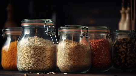 Cereals in glass jars in the kitchen banner background. Generative Aiの素材
