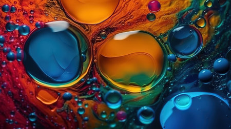 Bubbles of oil in a colored liquid and lighting in macro photography. Generative Aiの素材