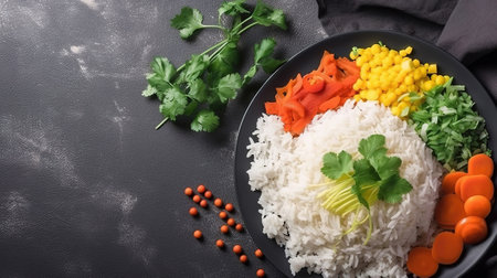 Vegetarian indian food. Top view. Gray background. Generative Aiの素材