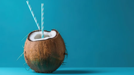 Coconut on a blue background with a cocktail straw. Generative Aiの素材