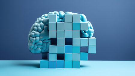 Brain from blocks on a pure blue background. Generative Aiの素材