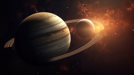 Jupiter and Saturn meet in the space solar system. Generative Aiの素材