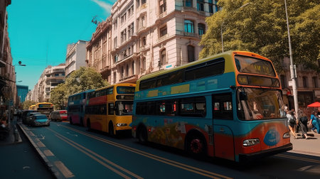 Buenos Aires street with city bus and passengers on the central street of the city. Generative Aiの素材