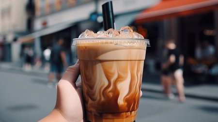 Holding Iced Coffee Latte in Hand. Generative Aiの素材