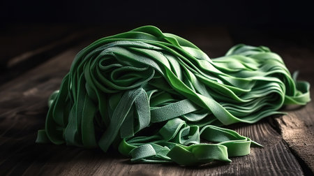 Uncooked raw green italian pasta on wooden table. Generative Aiの素材