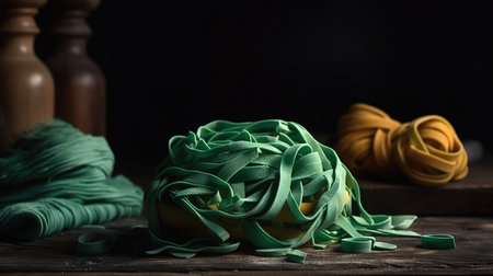 Homemade italian raw fettuccine pasta with spinach on wooden table background. Generative Aiの素材