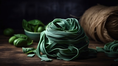 Homemade italian raw fettuccine pasta with spinach on wooden table background. Generative Aiの素材